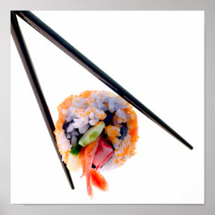 Sushi Shrimp Roll Black Chopsticks auf weißem Japa Poster