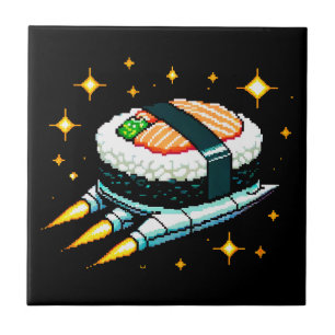 Sushi Spaceship Pixel Art Flying Sushi Roll Design Fliese