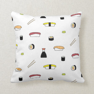 Sushi Themed Pattern Illustriert Sushi Set White Kissen