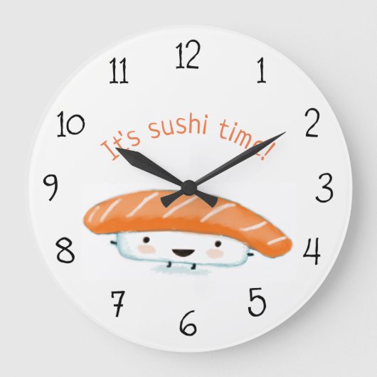 Sushi Time Kawaii Sushi Benutzerdefinierter Text Große Wanduhr (Vorderseite)