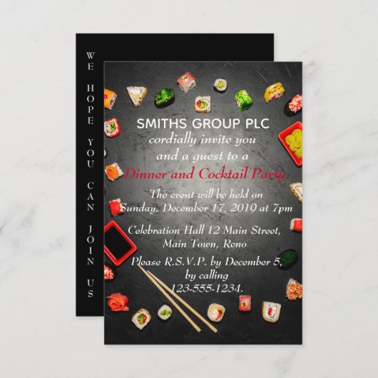 Sushi-Tisch Elegantes Schwarz-Weiß-Party Einladung (Vorne/Hinten)