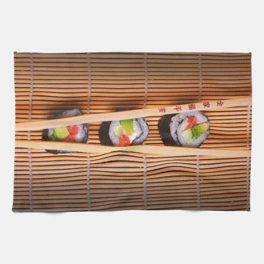 Sushi und hölzerne Essstäbchen Geschirrtuch (Horizontal)