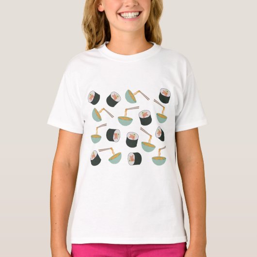 Sushi und Noodles Muster T-Shirt (Vorderseite)