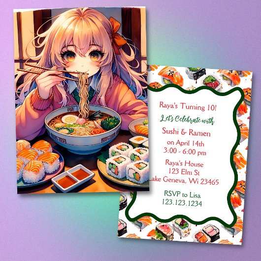 Sushi und Ramen Girl's Anime Birthday Party Einladung