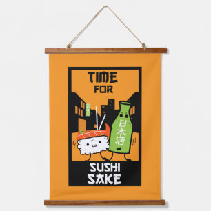 Sushi und Sake-Feinschmecker Wandteppich Mit Holzrahmen