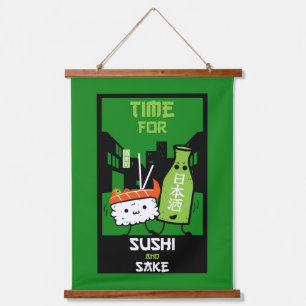 Sushi und Sake-Feinschmecker Wandteppich Mit Holzrahmen