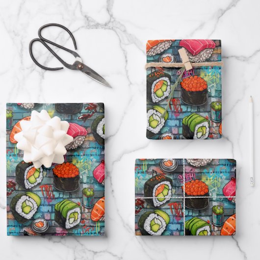 Sushi Wrapping Paper Flat Sheet Set of 3 Geschenkpapier Set (Vorderseite)