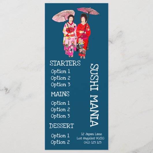 Sushiabendessenmenü des japanischen Restaurants Menükarte (Vorderseite)