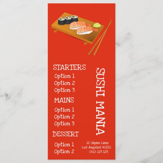 Sushiabendessenmenü des japanischen Restaurants Menükarte (Vorderseite)