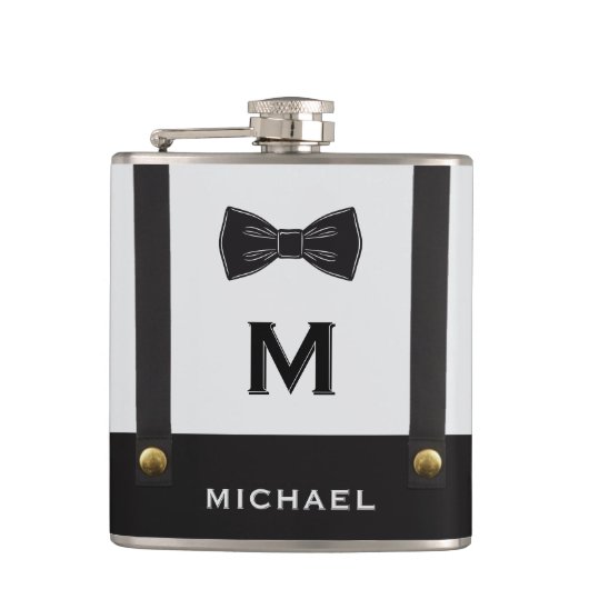 Suspenders & Bowtie Name Monogram Boy  Flachmann (Vorderseite)