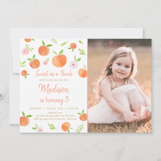 Süß als Pfirsich dritter Geburtstag Einladung (Vorderseite)