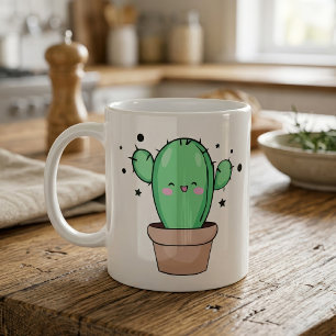 Süß lächelnder Kawaii-Baby-Kaktus in einer Vase mi Kaffeetasse