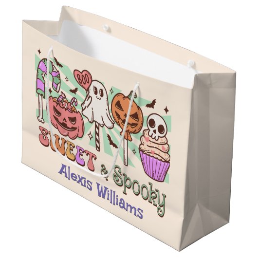 süß und lecker, trick oder creme weiß große geschenktüte (Vorderseite Schrägansicht)