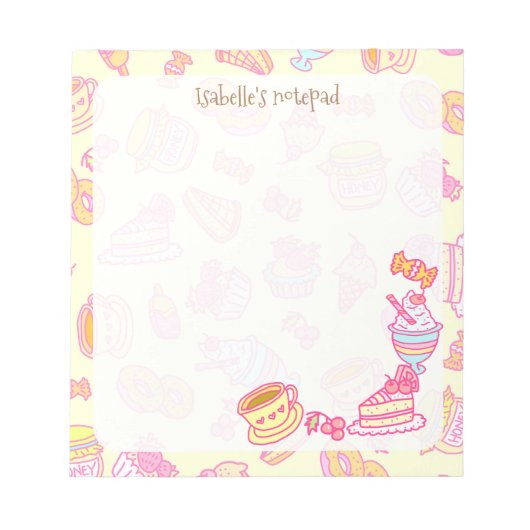 Süßbäckerei und Getränke gelb Notizblock (Vorderseite)