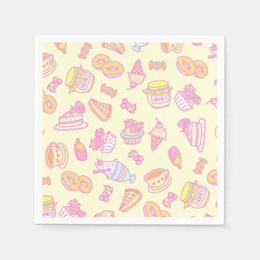 Süßbäckerei und Getränke gelb Serviette (Vorderseite)