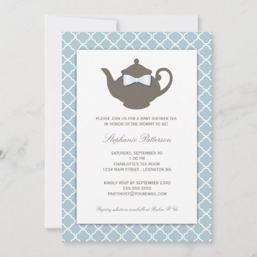 Süßblau| Braun Teekanne Babydusche Party Einladung (Vorderseite)