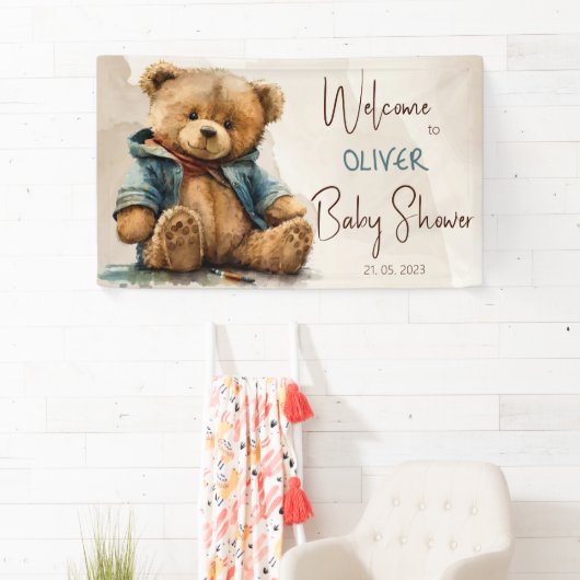 Süßbraune Aquarellteddytasche Baby Dusche Banner (Insitu)