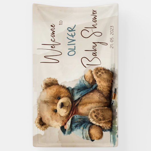 Süßbraune Aquarellteddytasche Baby Dusche Banner (Vertikal)