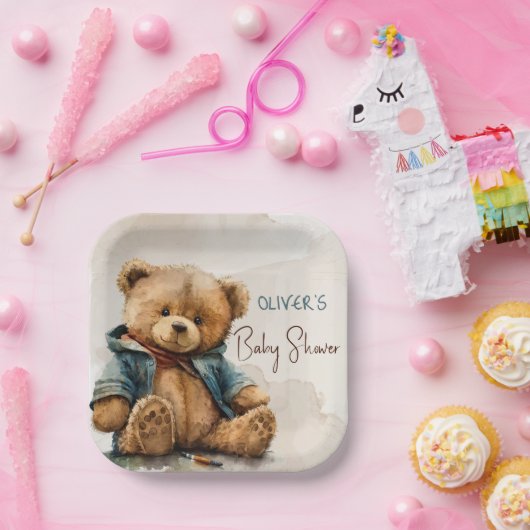 Süßbraune Aquarellteddytasche Baby Dusche Pappteller (Party)