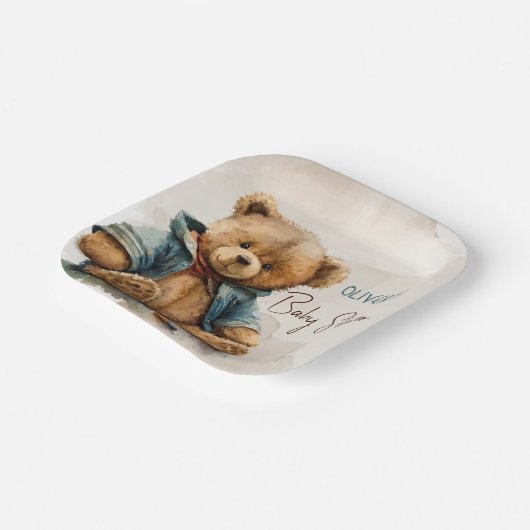 Süßbraune Aquarellteddytasche Baby Dusche Pappteller (Gewinkelt)