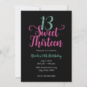 Süße 13 Pink Schwarz Aqua Dreizehnter Geburtstag P Einladung