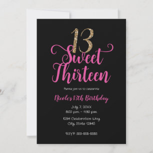 Süße 13 Pink Schwarz Gold Dreizehnter Geburtstag P Einladung