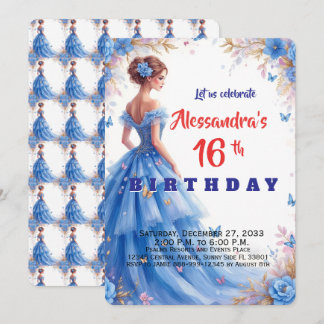 Süße 16 Blaue Robe Florale Elegante Mädchen-Geburt Einladung