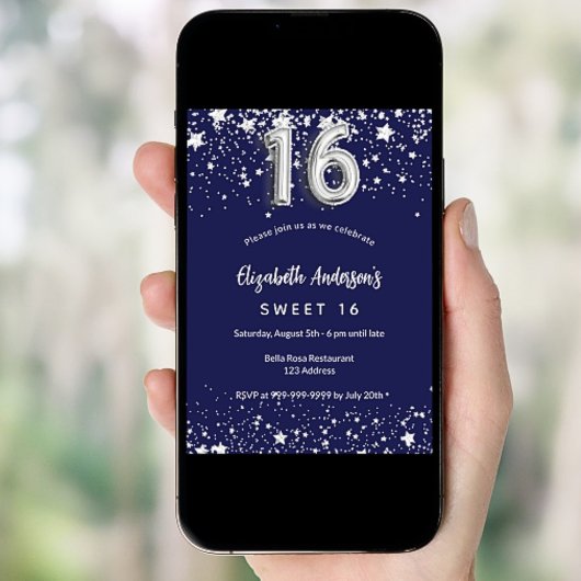 süße 16 blaue Silberstars Luxus Einladung
