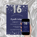 süße 16 blaue Silbersterne Einladung<br><div class="desc">Eine moderne,  stilvolle und glamouröse Einladung zu einer Sweet 16. Geburtstagsfeier. Ein marineblau-blauer Hintergrund,  mit Imitaten verziert,  die silberne Sterne tragen. Personalisieren Sie Ihren Namen und Ihre Party-Daten und fügen Sie diese hinzu. Nummer 16 wird mit einem Schriftart im Ballonstil geschrieben.</div>