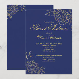 Süße 16 Blaue und goldene Linienkunst Blumen Flora Einladung