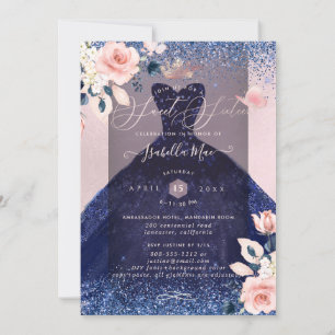 Süße 16 Blush Blumen Navy Blau Glitzer Kleid Einladung