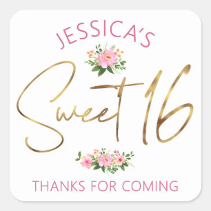 Süße 16 Blush Rosa Wasserfarbe Floral Gold Schrift Quadratischer Aufkleber
