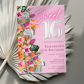 Süße 16 Bunte Tropische Blumen Disco Geburtstag Einladung