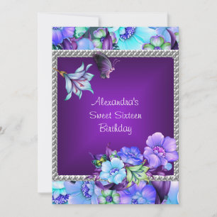 Süße 16 Elegante Lila Silber Juwel Blumen Einladung
