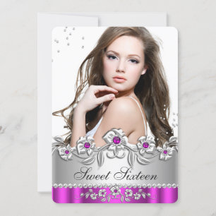 Süße 16-Foto-Party Hot Pink Silber Diamant Schmuck Einladung