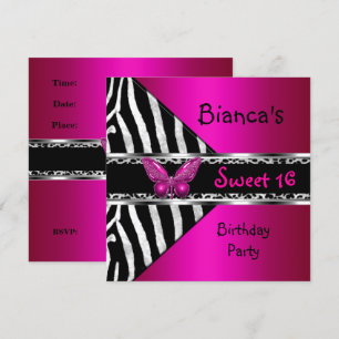 Süße 16 Fuchsia Pink Silber Schwarz Zebra Leopard Einladung