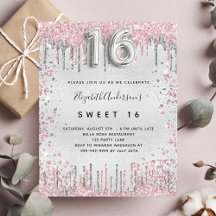 Süße 16 Geburtstag Silber Rosa Glitter-Einladung