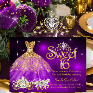 Süße 16. Geburtstags-Lila-Kleid-Tiara-Kutsche Einladung