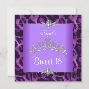 Süße 16. Geburtstags-Tiara mit violettem Leoparden Einladung