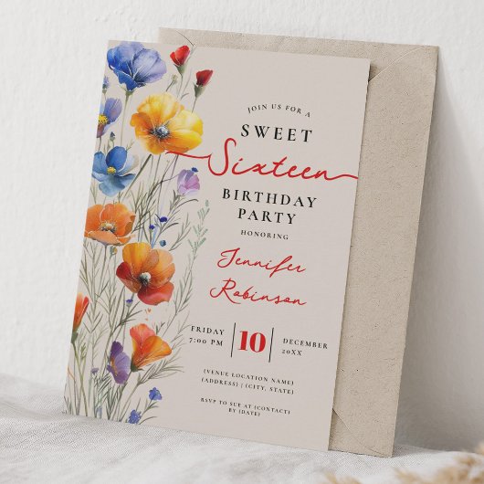 Süße 16. Geburtstagsfeier Boho Wildblumen Einladung