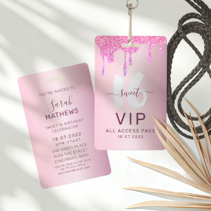 Süße 16 Glitter Rosa VIP Geburtstagseinladung Ausweis