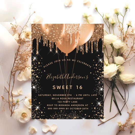 Süße 16 Glitzer-Schwarzgoldballons 16. Einladungspostkarte