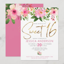 Süße 16 Gold Schrift Blush Pink Floral Wasserfarbe