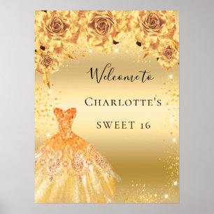 Süße 16 goldene Glitter-Kleid Blumen Willkommen Poster