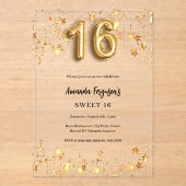 Süße 16 goldene Sterne klar Acryleinladungen (Vorderseite)