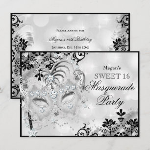Süße 16 Juwelen-Maske & Damast Silber-Maskenball Einladung