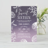 Süße 16 Lila Ombre Strandseashells Einladung (Stehend Vorderseite)