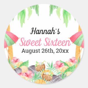 Süße 16 Luau-Party Hawaiianische Aquarell-Einladun Runder Aufkleber
