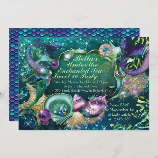 Süße 16 Meerjungfrau im Meer Einladung zum Geburts (Vorne/Hinten)