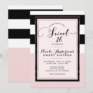 Süße 16 moderne rosa schwarze und weiße Streifen P Einladung
